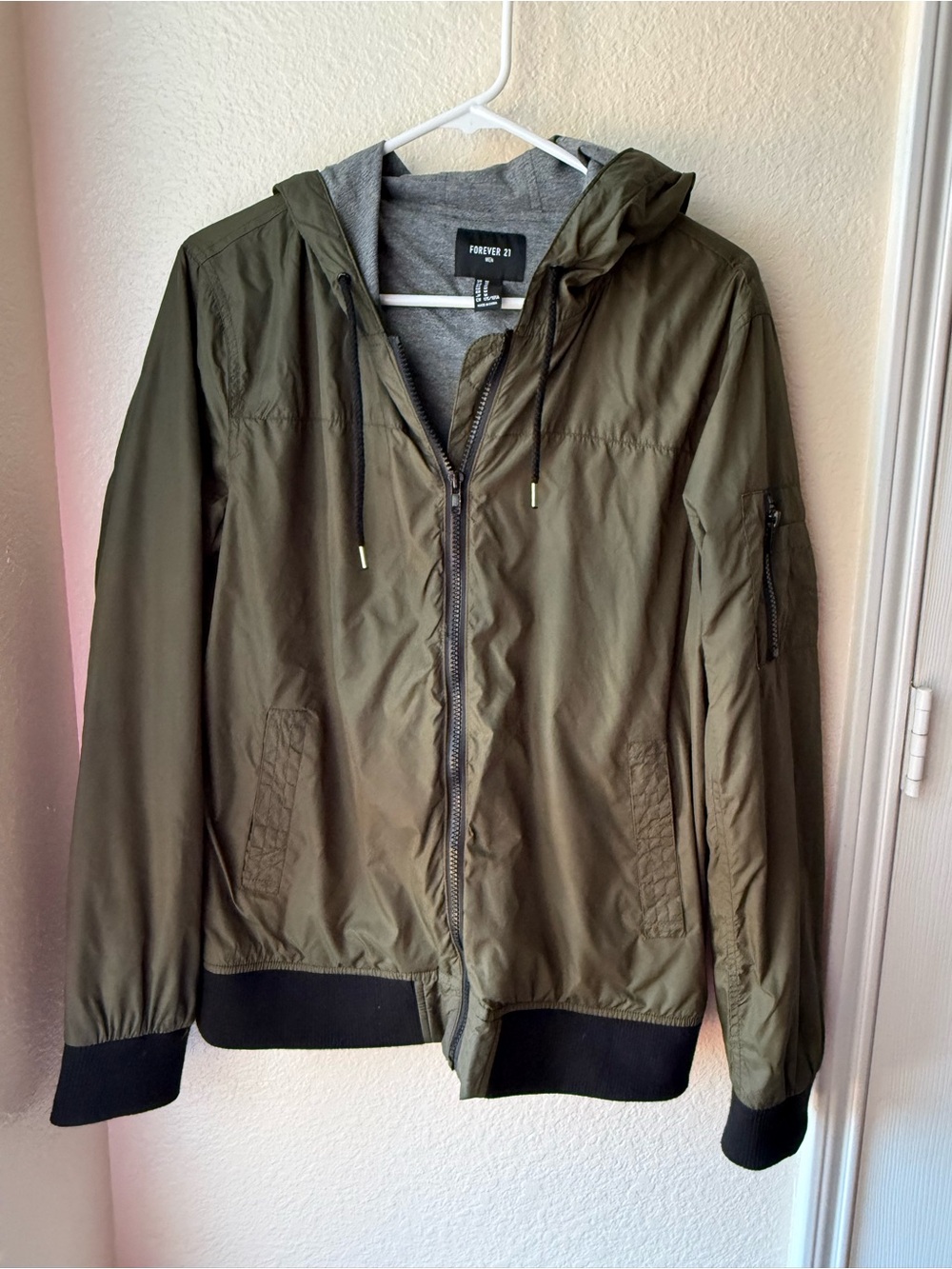 Forever 21 Olive Hooded Bomber Jacket with Black Trim